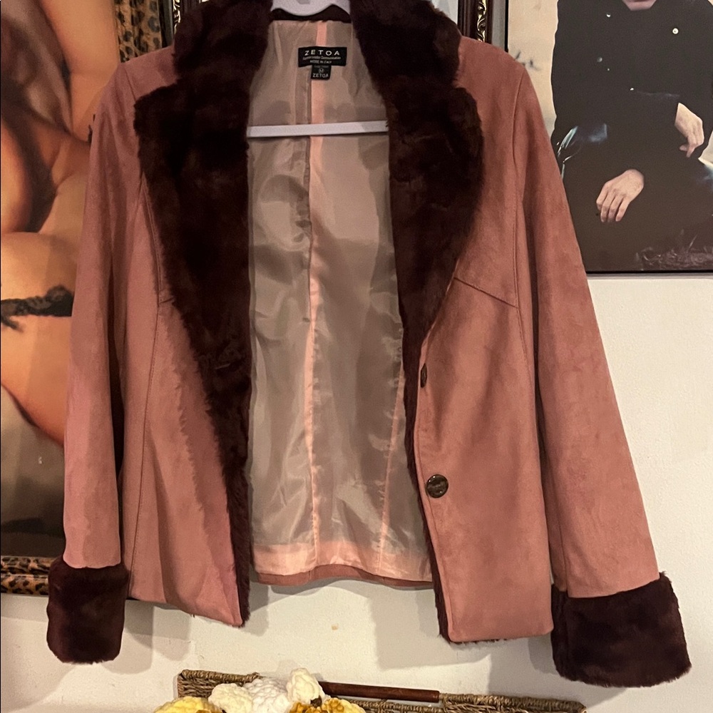Women's Pink Jacket with Faux Fur Trim